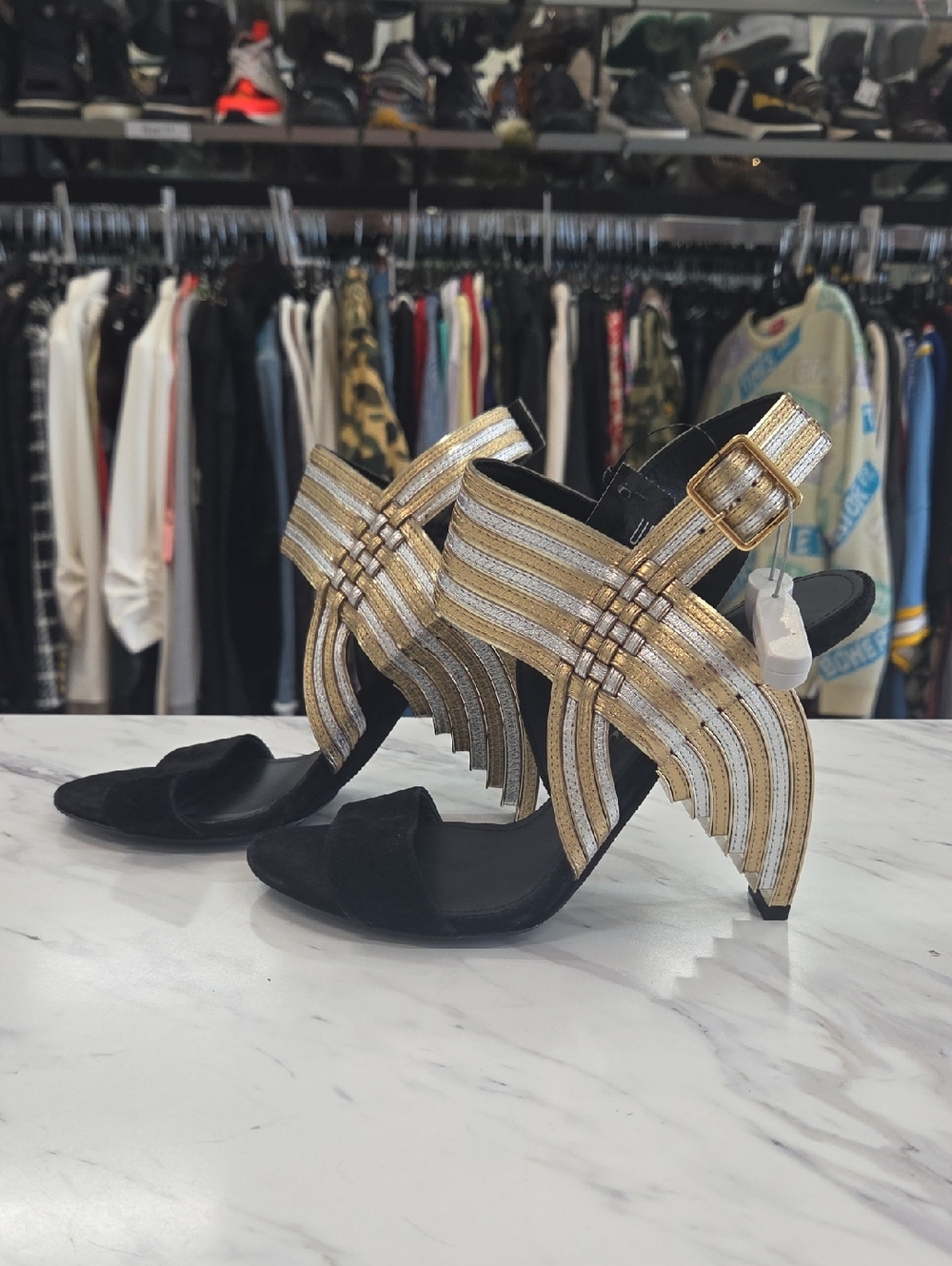 Salvatore Ferragamo Black and Gold Strappy High-Heel Sandals